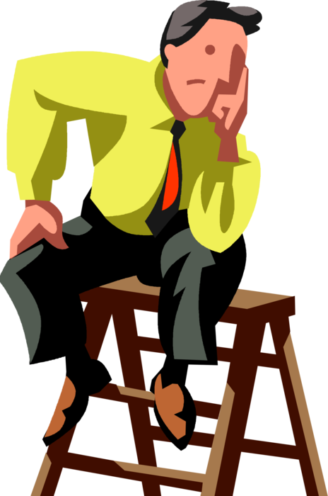 Vector Illustration of Confused Businessman Sits on Step Ladder Contemplating Next Steps Out of Predicament