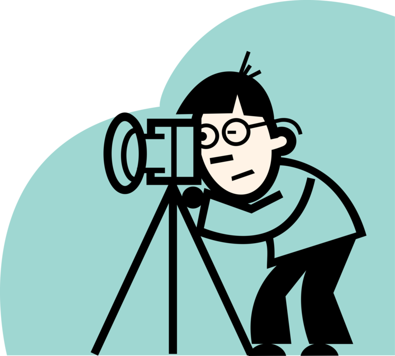 Vector Illustration of Professional Photographer Takes Photographs with Photography Camera on Tripod