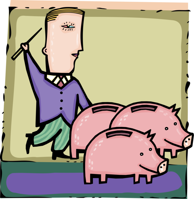 Vector Illustration of Managing Corporate Finances with Savings Bank Piggy Banks