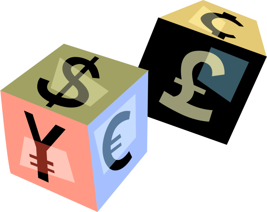 Vector Illustration of Financial Currency and Money Market Cubes with Pound Sterling, Japanese Yen, Euro, and Dollar Symbols