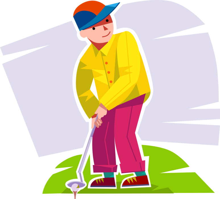 Vector Illustration of Young Golfer Lines Up Shot on Gold Course with Golf Club and Ball
