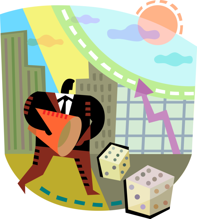 Vector Illustration of Businessman Takes Financial Risks Betting on Stock Market Upturn Rolling Doubles on Gambling Dice