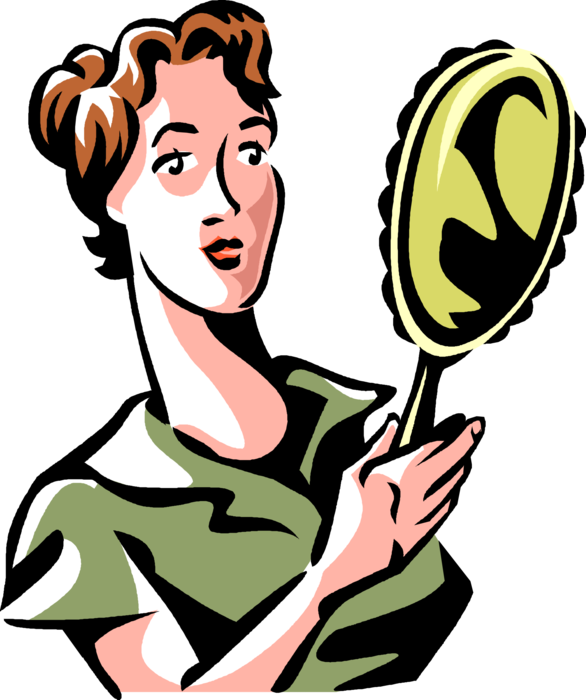 Vector Illustration of Woman Looks in Hand-Held Mirror