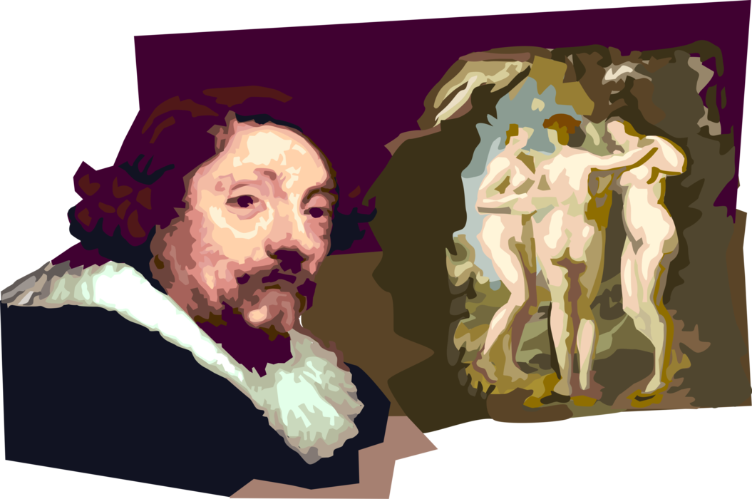 Vector Illustration of Peter Paul Rubens, Flemish Baroque Artist Painter Emphasized Movement, Colour, and Sensuality