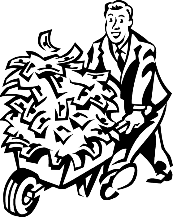 Vector Illustration of Businessman with Financial Windfall Bonanza Wheelbarrow Full of Cash Money Dollars
