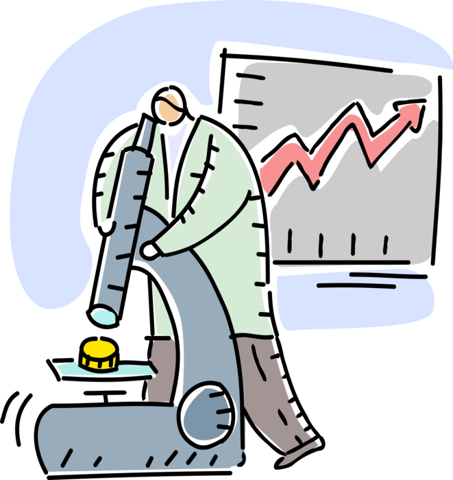 Vector Illustration of Laboratory Scientist Predicts Financial Profits with Microscope and Sales Growth Chart
