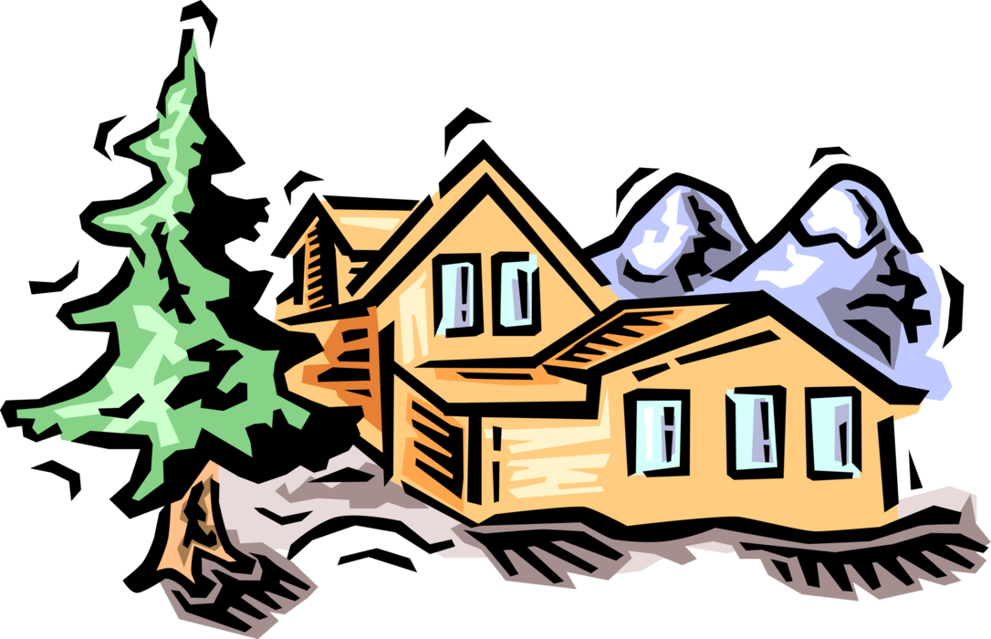 Vector Illustration of Residence House Dwelling Cabin Home in Mountains with Evergreen Conifer Tree