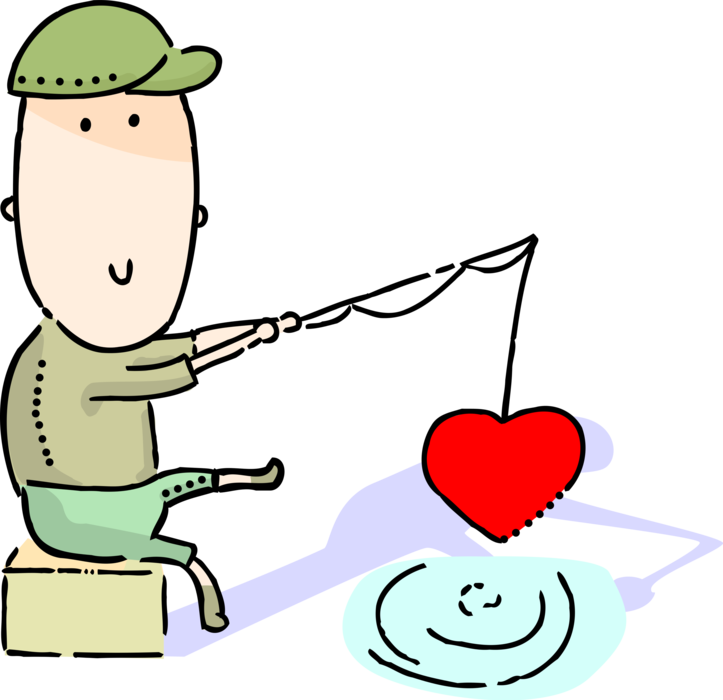 Vector Illustration of Lonely Fisherman Angler Fishing for Love with Rod and Romantic Passion Heart