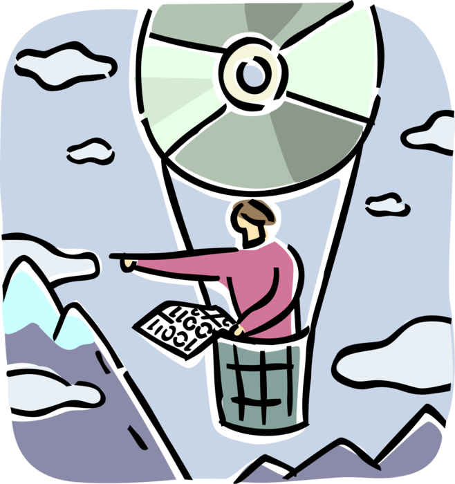 Vector Illustration of Businesswoman in Digital DVD Storage Media Hot Air Balloon Traverses Mountain Range with Binary Code Map