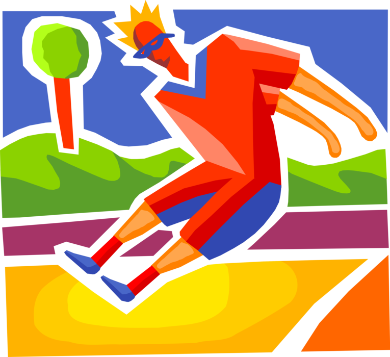 Vector Illustration of Track and Field Athletic Sport Contest Long Jump or Broad Jump Jumper Jumping in Track Meet Competition