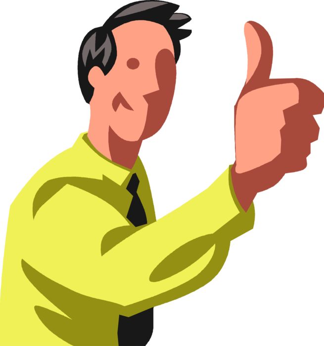 Vector Illustration of Businessman Uses Nonverbal Communication Hand Gesture Thumbs-Up OK Sign