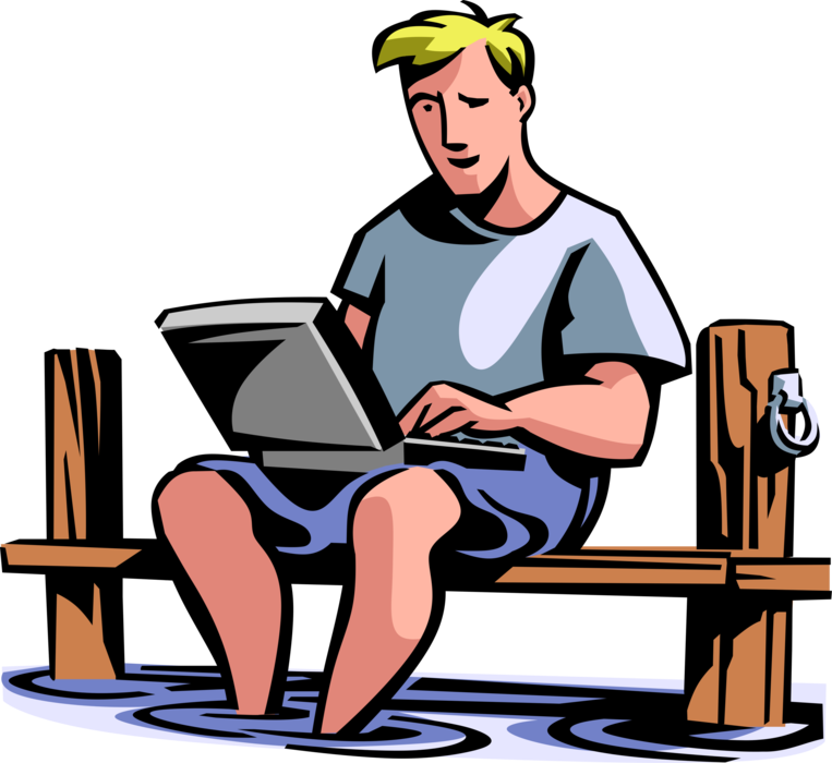 Vector Illustration of Man on Summer Vacation Sits on Dock While Checking Work Email on Laptop Computer