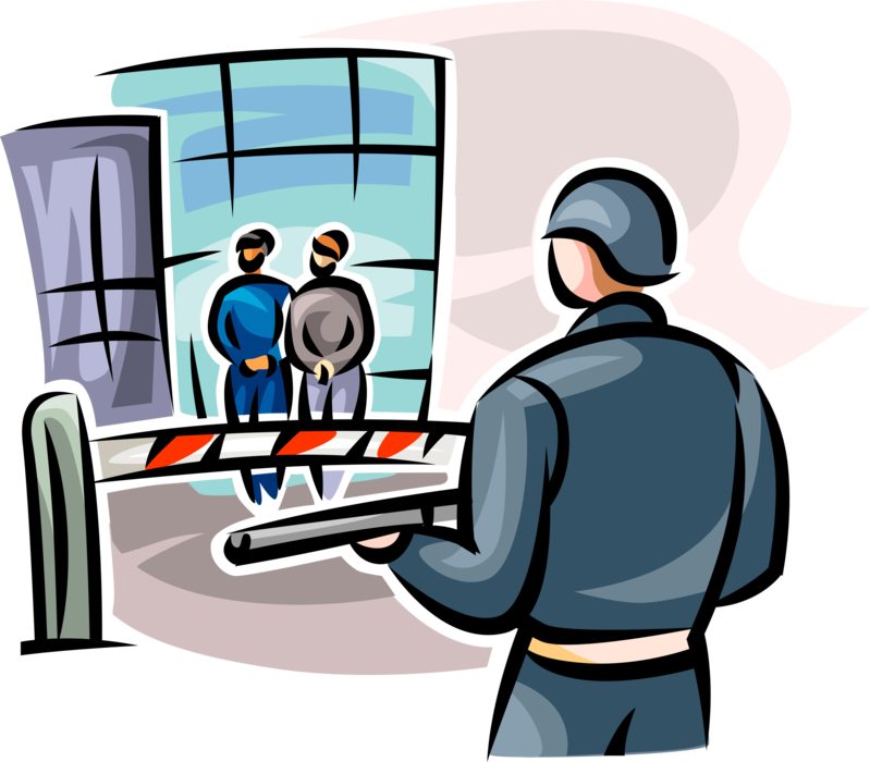 Vector Illustration of Airport Terminal Security Guard with Rifle Monitors Suspicious Individuals