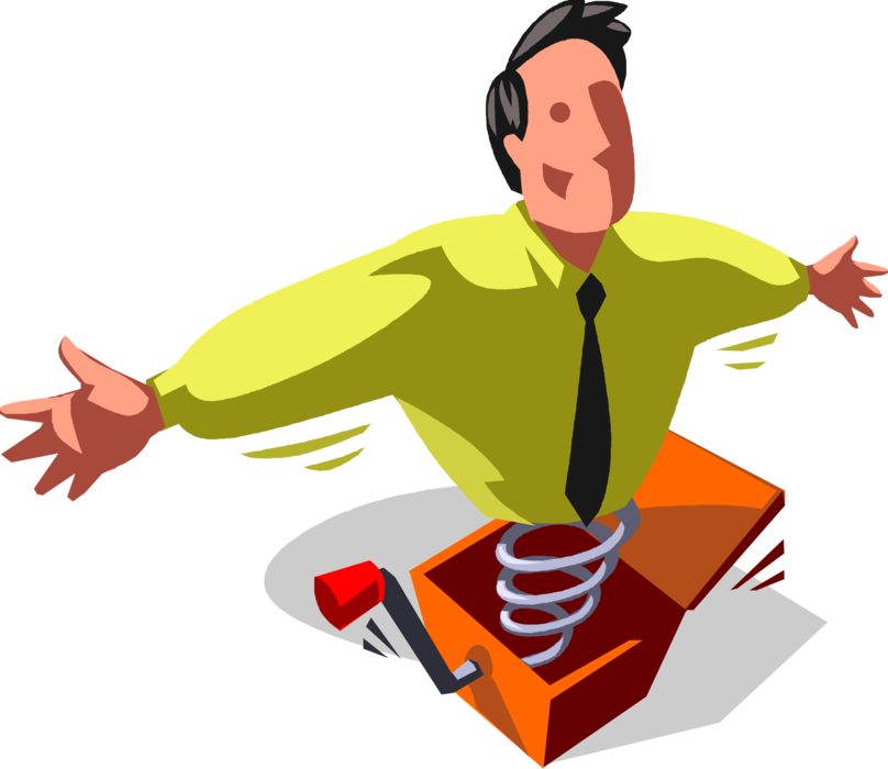 Vector Illustration of Obnoxious Businessman Jack-In-The-Box, Jumps Out on Spring to Surprise