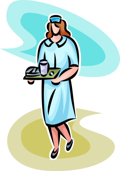 Vector Illustration of Hospital Health Care Nurse Delivers Tray of Food to Patient