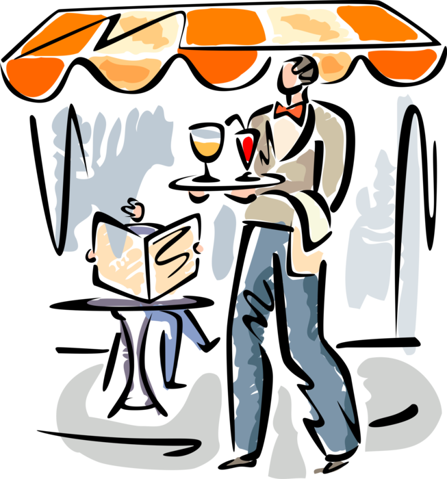 Vector Illustration of Restaurant Outdoor Café Waiter Serves Alcohol Beverage Drink Cocktails to Customer