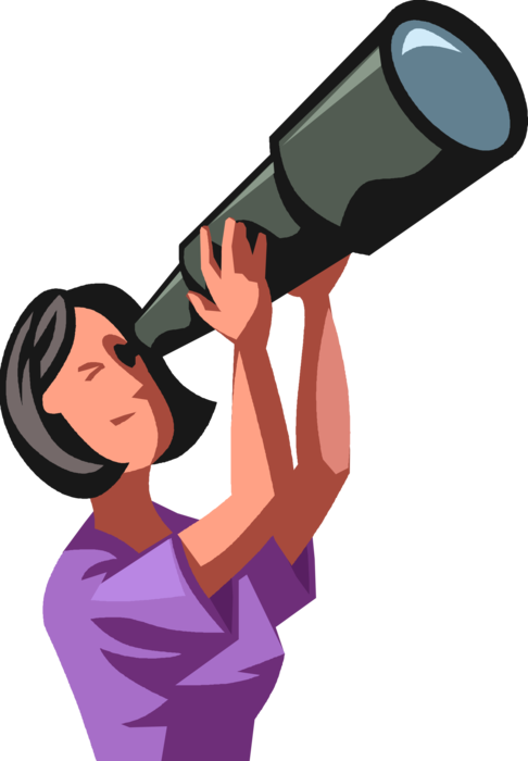 Vector Illustration of Businesswoman Forecasts Business Results Looking Through Spyglass Telescope