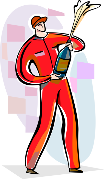 Vector Illustration of Formula One Motorsports Racing Car Motorist Driver Celebrates Winning Race with Champagne