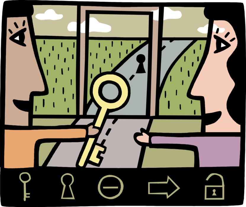 Vector Illustration of Exchanging Skeleton Key Unlock Door to Greener Pastures