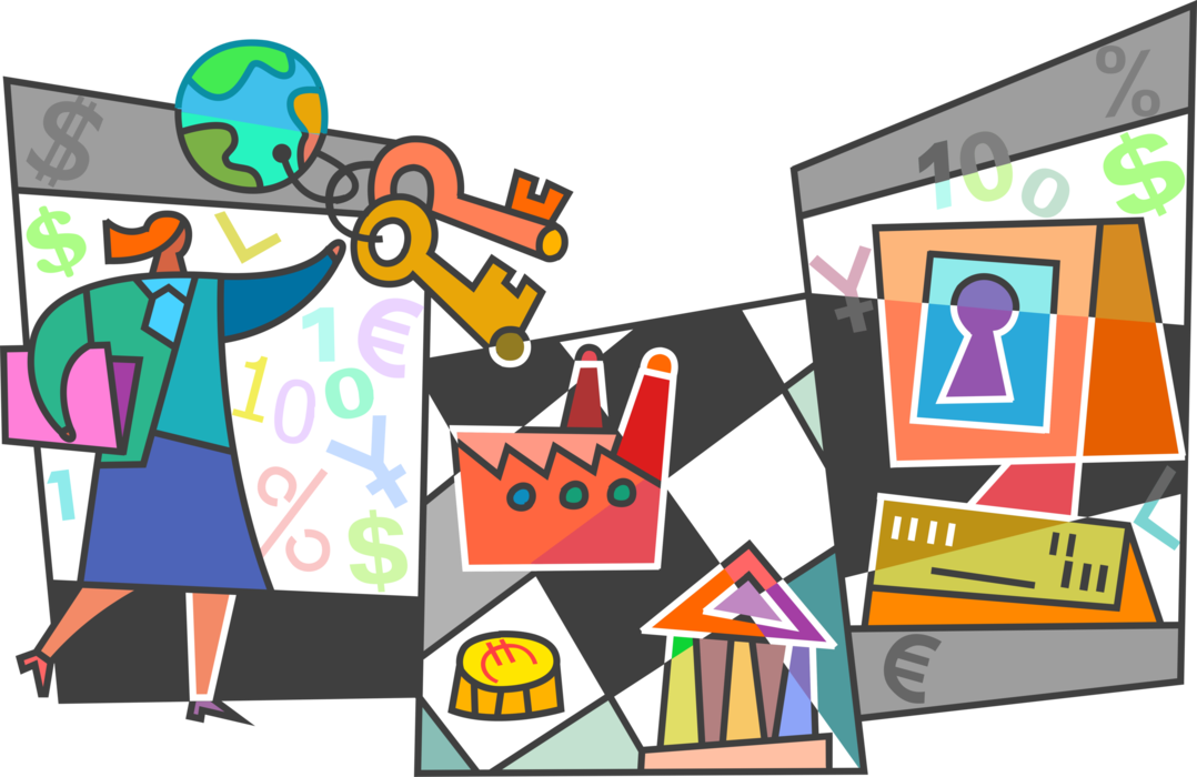 Vector Illustration of Technology Keys to Unlock Global Markets for Industrial Manufacturing Factory Products and Services