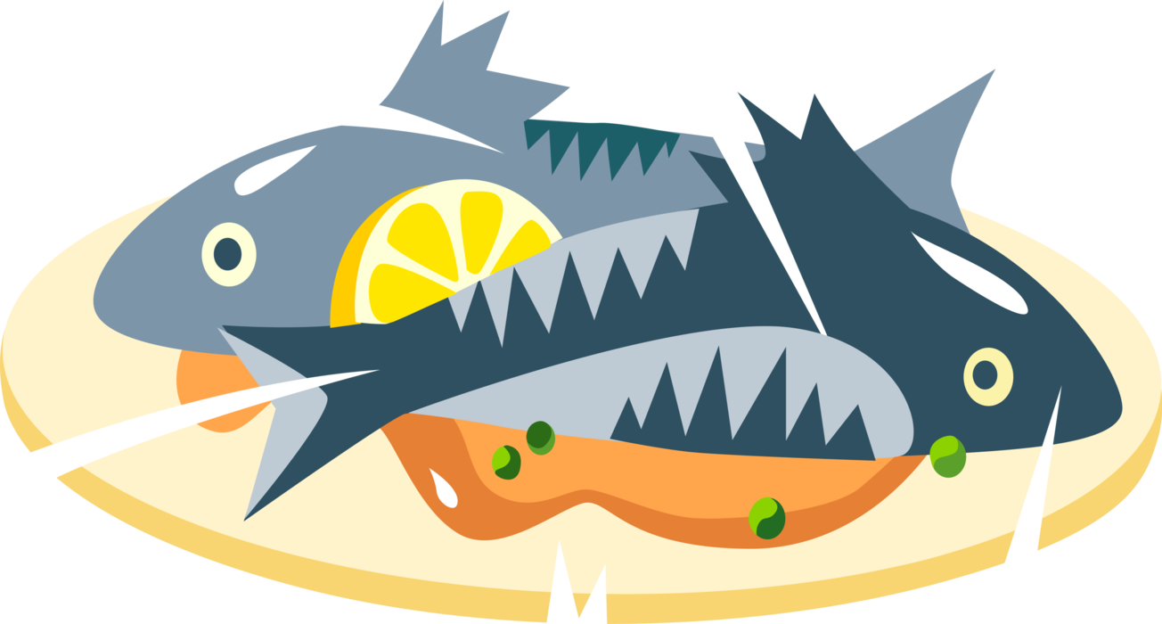 Vector Illustration of Baked Whole Fish Dinner on Serving Platter with Sliced Citrus Lemon and Cream Sauce
