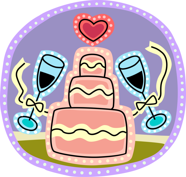 Vector Illustration of Wedding Cake Traditional Cake Served at Wedding Receptions with Wine Glasses and Romantic Heart
