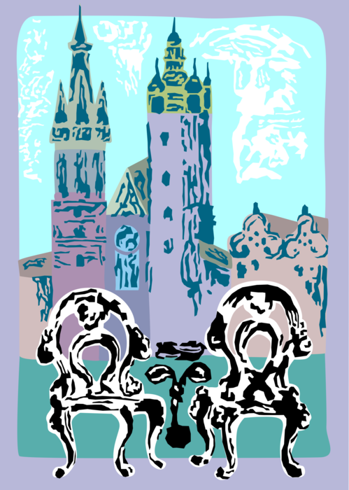 Vector Illustration of Tower Spires of Mariacki Church, Krakow, Poland