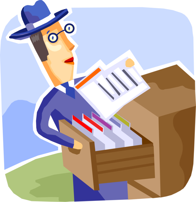 Vector Illustration of Businessman Sales Executive Manager Selects Business Project File from Filing Cabinet