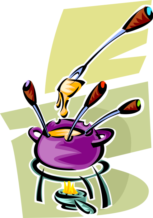 Vector Illustration of Fondue of Melted Cheese Served in Communal Fondue Pot or Caquelon