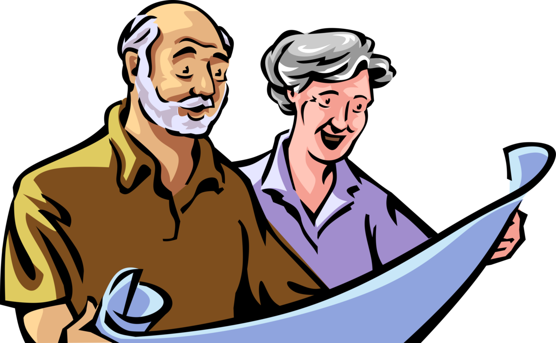 Vector Illustration of Retired Elderly Senior Citizen Couple Review Blueprint Plans for New Retirement Community