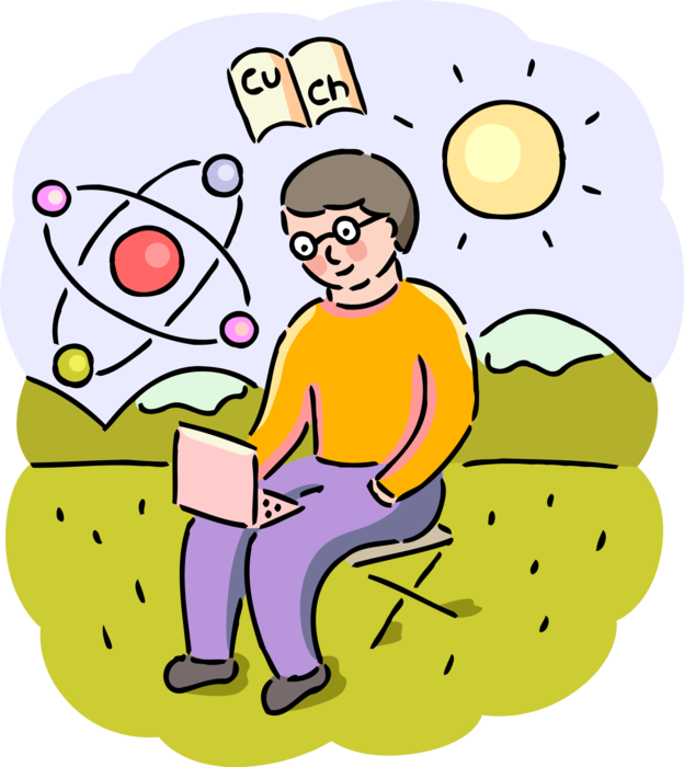 Vector Illustration of Chemistry Student Studies Periodic Table Atomic Numbers with Notebook Computer