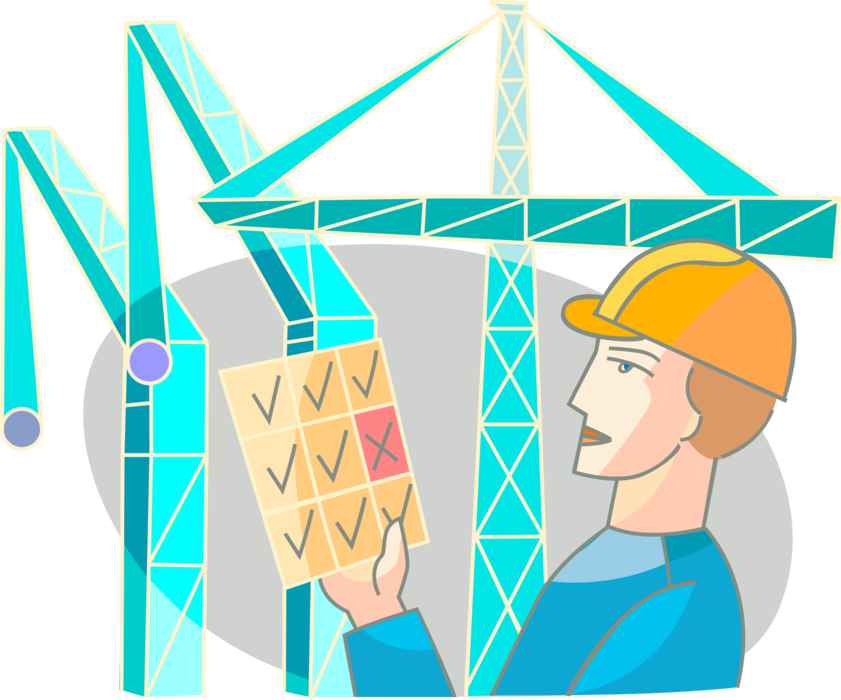 Vector Illustration of Workplace Safety Inspector Tradesman with Checklist and Construction Cranes