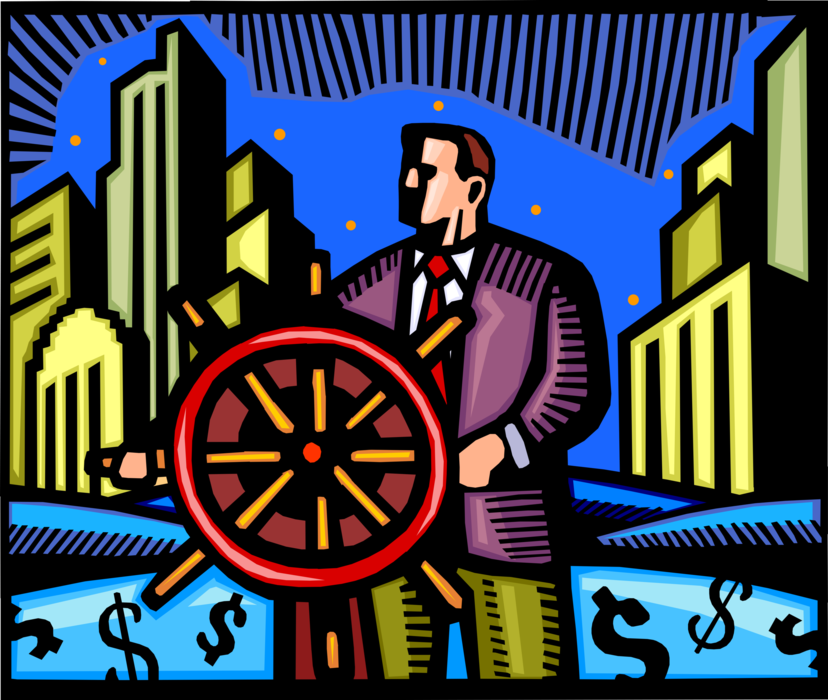 Vector Illustration of Businessman Captain of Industry Steers Industrial Economy Ship's Helm Wheel to Change Course 