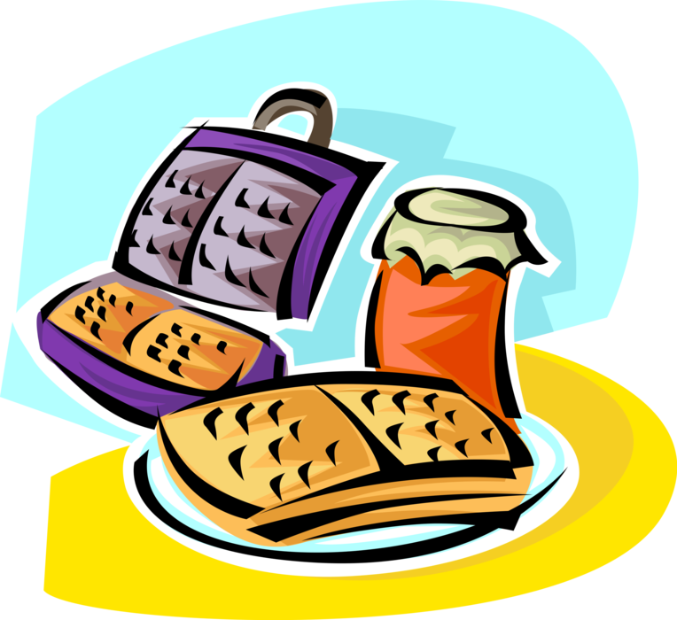 Vector Illustration of Breakfast Batter Cake Waffle and Waffle Iron with Fruit Preserves