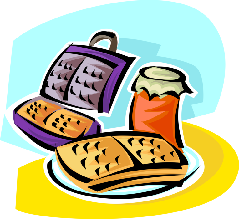 Vector Illustration of Breakfast Batter Cake Waffle and Waffle Iron with Fruit Preserves