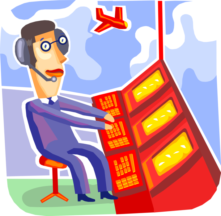 Vector Illustration of Air Traffic Controller Monitoring Airplanes Taking Off at Airport Control Tower