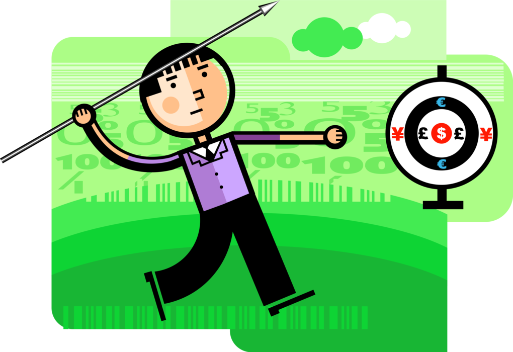 Vector Illustration of Businessman Track and Field Javelin Thrower in Competition with Financial Cash Money Target