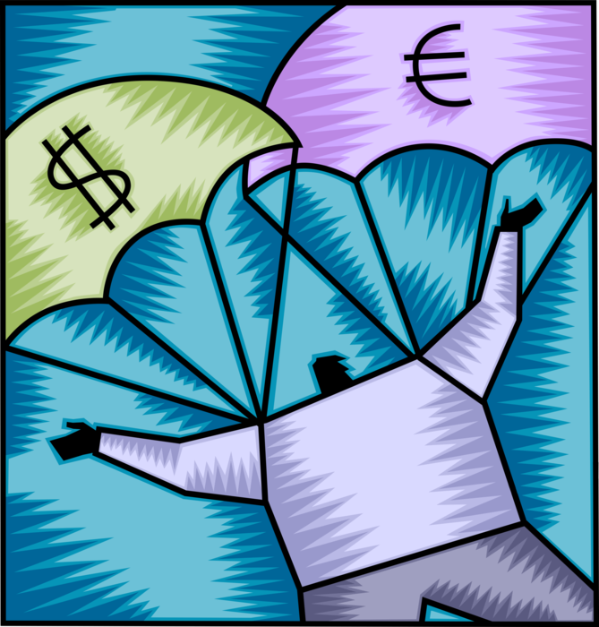 Vector Illustration of Businessman Investor Survives Economic Crisis with Parachute Investments in Dollars and Euros