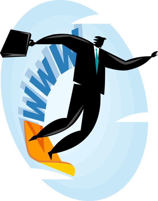 Vector Illustration of Businessman on Surfboard Surfing the World Wide Web Internet