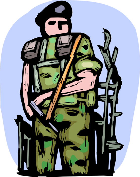 Vector Illustration of Heavily Armed United States Military Soldier Guards Ground Zero Debris Pile