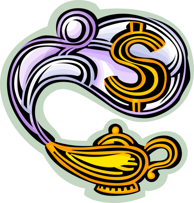 Vector Illustration of Aladdin's Magic Lamp or Lantern Conjures Cash Money Dollar Sign