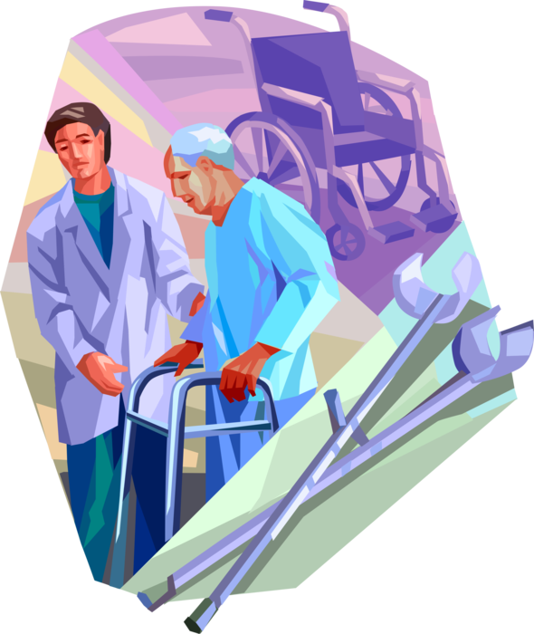 Vector Illustration of Health Care Professional Doctor Physician with Disabled Patient in Walker with Wheelchair