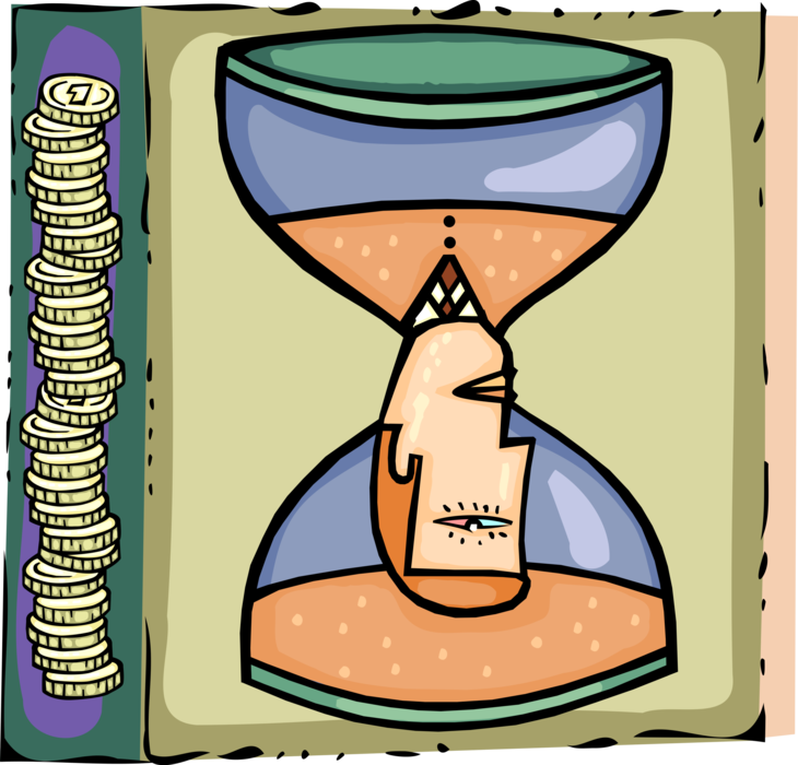 Vector Illustration of Time Running Out on Businessman Controlled by Hourglass Sands of Time