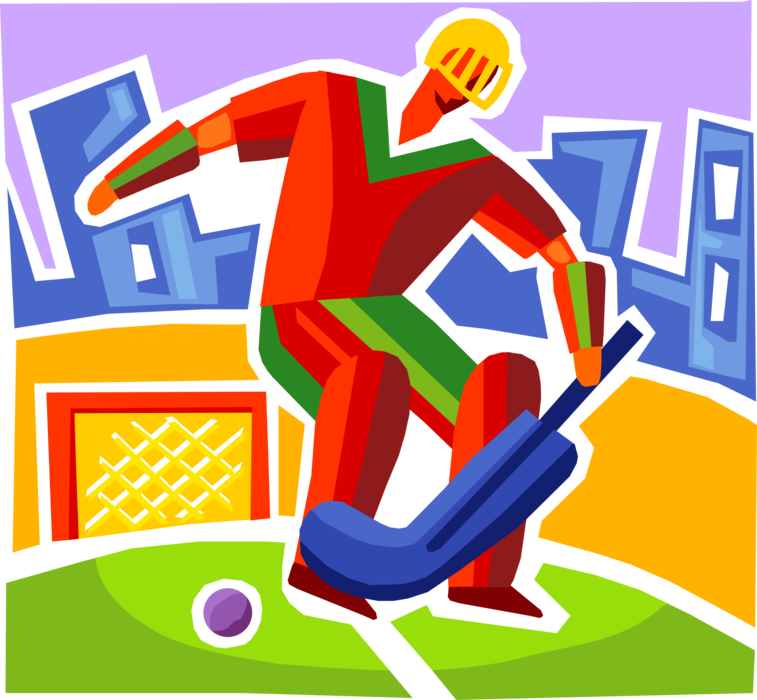 Vector Illustration of Team Sport of Field Hockey Goalie Protects Net with Stick from Ball Scoring During Game