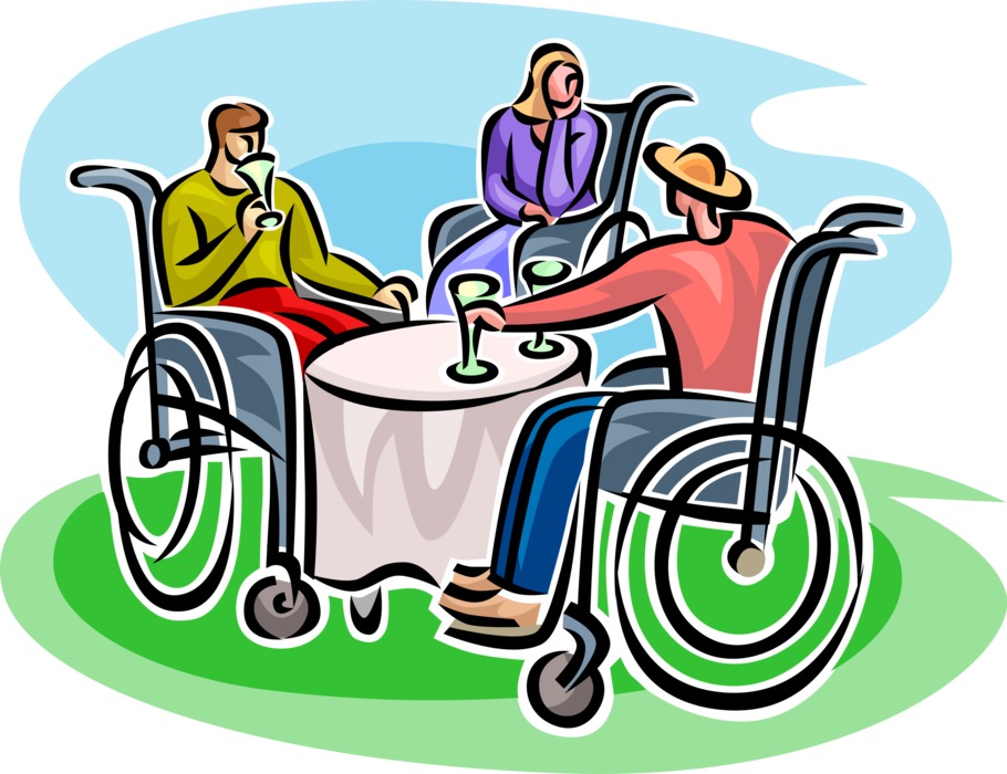 Vector Illustration of Friends in Handicapped or Disabled Wheelchairs Socialize with Conversation and Drink