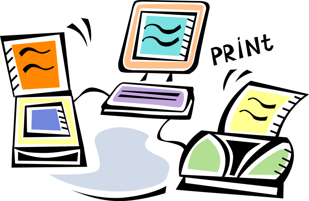 Vector Illustration of Personal Computer System Prints and Scans Document on Printer and Scanner