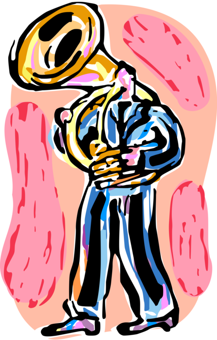 Vector Illustration of Musician Plays Tuba Large Brass Musical Instrument During Live Performance