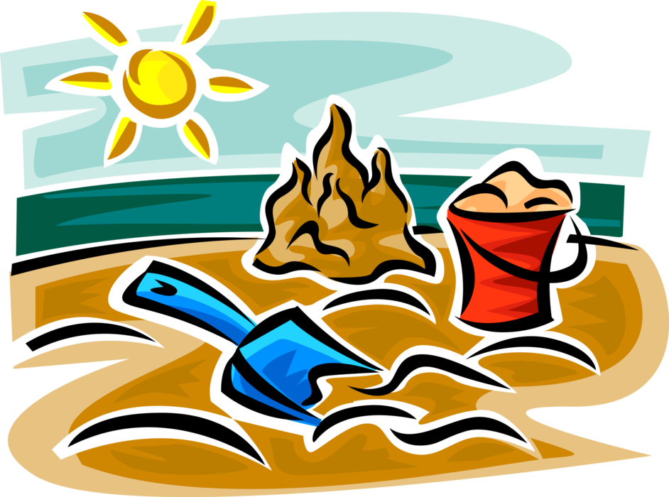 Vector Illustration of Day at the Beach Pail and Shovel Build Sand Castles