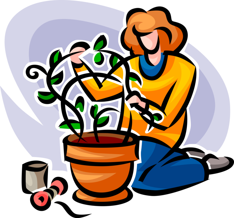 Vector Illustration of Gardener Weaves Plant Branches in Flower Pot