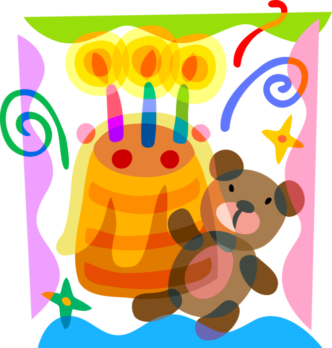 Vector Illustration of Sweet Dessert Baked Birthday Cake and Candles with Stuffed Animal Teddy Bear